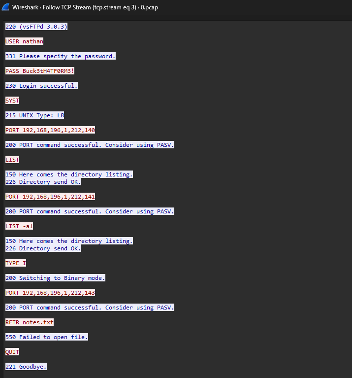 TCP stream showing cleartext FTP credentials