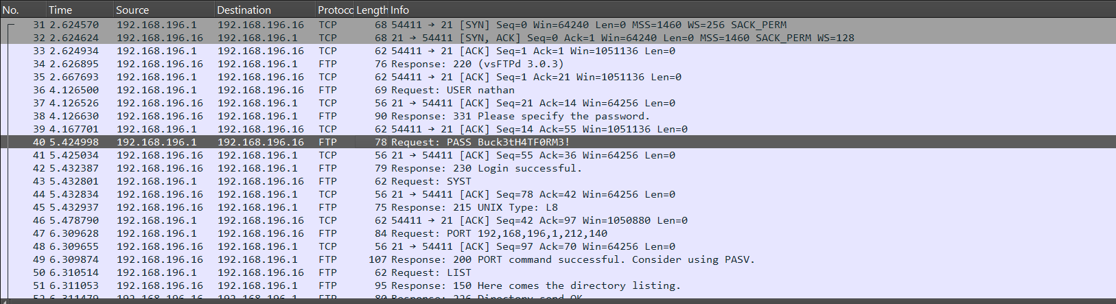 PCAP file opened in Wireshark showing FTP traffic